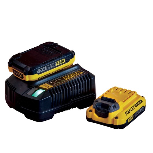 STANLEY FATMAX 20V battery charger with two STANLEY batteries 20V 2.0AH on a white background