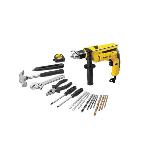 DRILL KIT WITH HAND TOOLS ON WHITE BACKGROUND FRONT VIEW 
